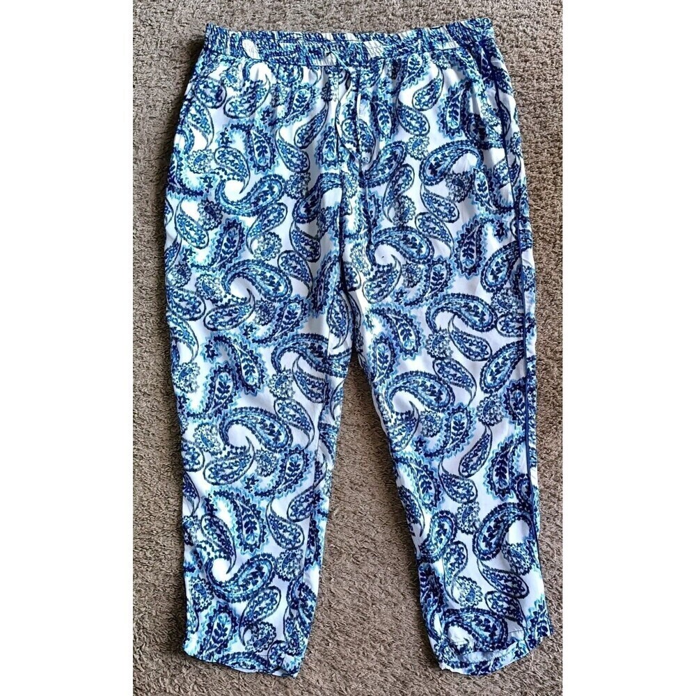 Lauren By Ralph Lauren Womens Pull On Pants Sz 16 Drawstring Blue Paisley Print